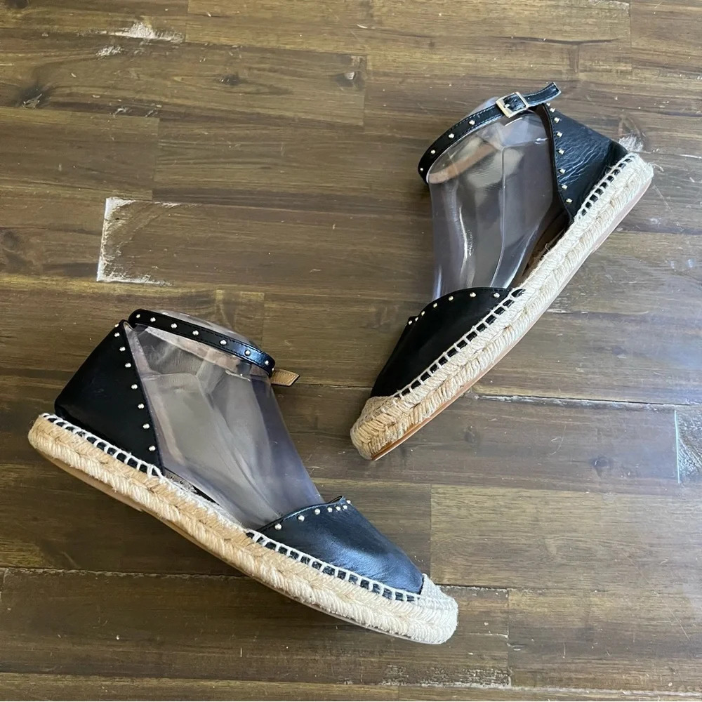 Oficce Studde Flat Espadrilles Black Leather Sandals